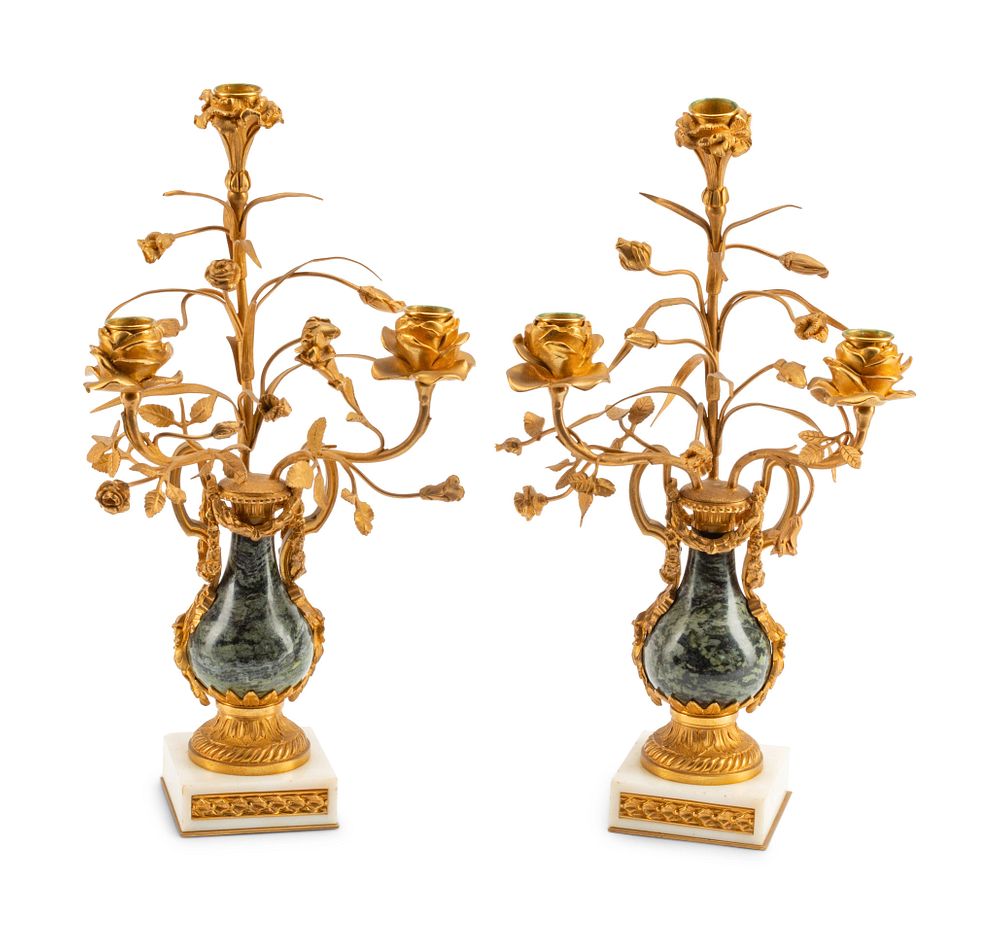 Appraisal: A Pair of French Gilt Bronze and Marble Three-Light Candelabra