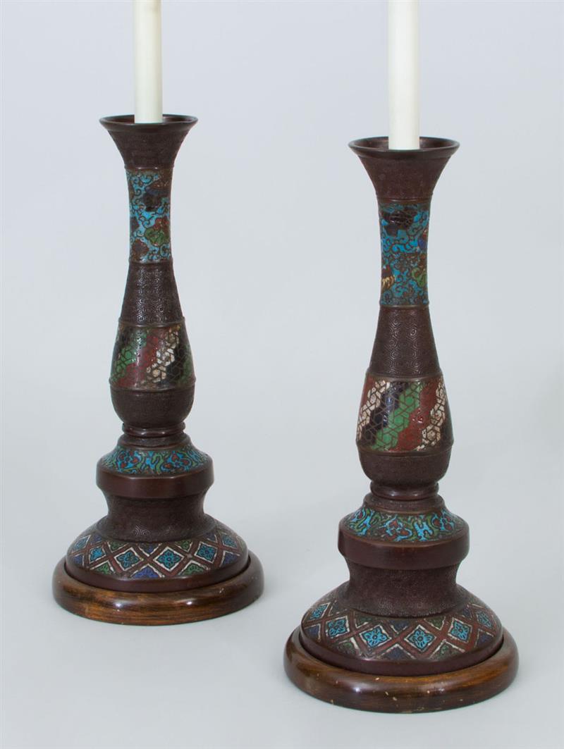 Appraisal: Pair of Chinese Cloisonn Candlestick Lamps x in diam to