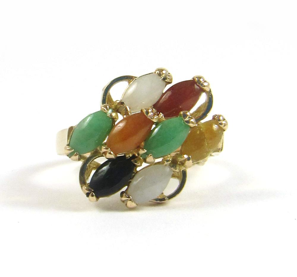 Appraisal: MULTI-COLOR JADE AND FOURTEEN KARAT GOLD RING with a cluster