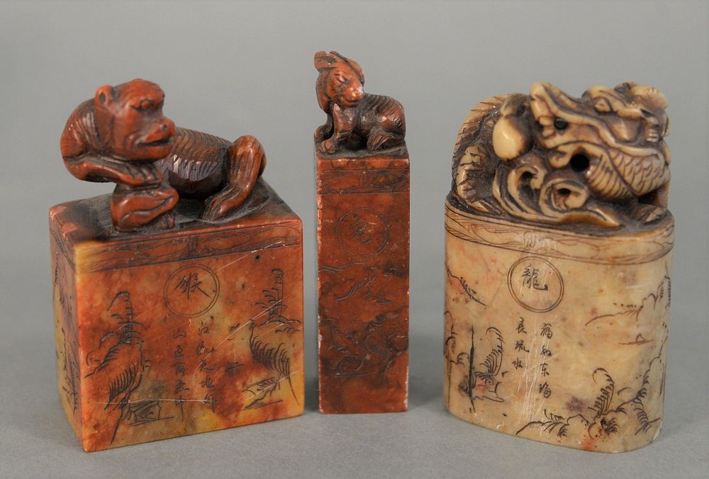 Appraisal: Three Soapstone Carved Seals each with animals on top and