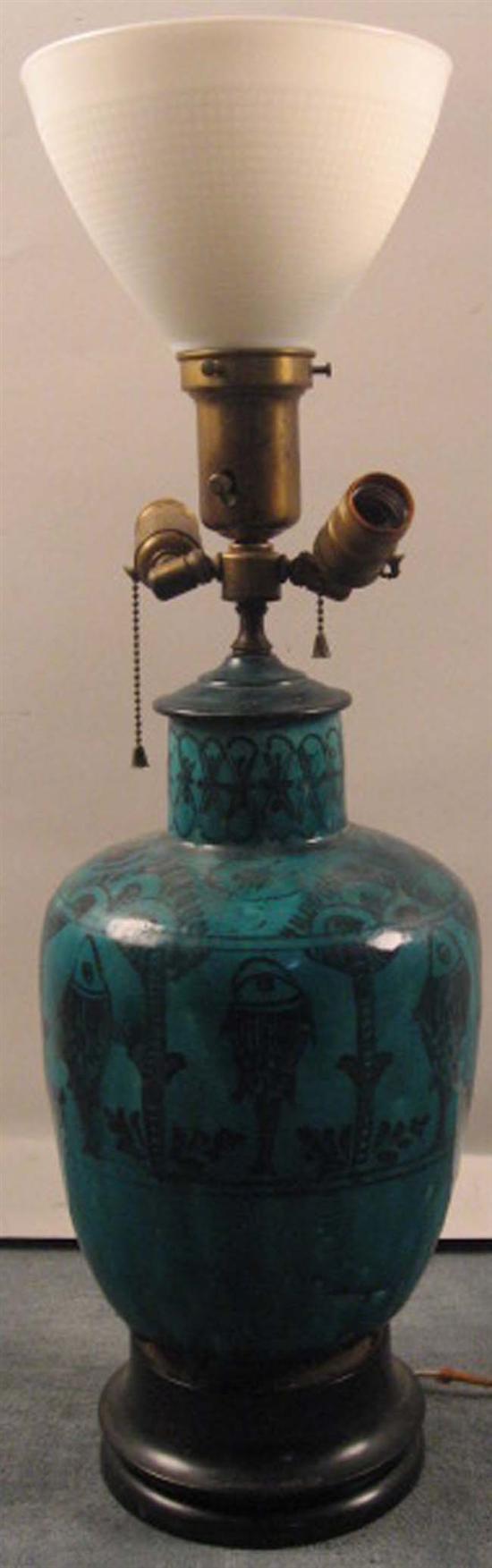 Appraisal: Antique Persian Vase converted to three-bulb Table Lamp Handpainted vertical