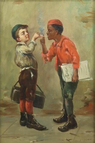 Appraisal: Framed oil on canvas painting Newspaper Boys Sharing a Cigarette