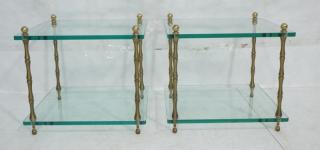 Appraisal: Pr Brass Faux Bamboo Side Tables Two thick glass levels--