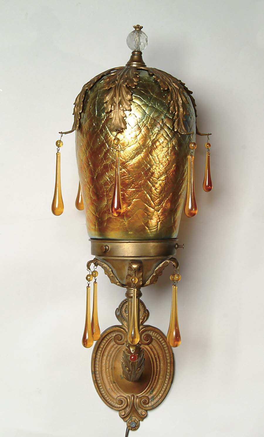 Appraisal: DURAND SCONCE Very interesting gold iridescent shade has crackle design