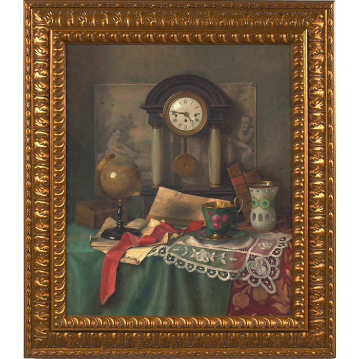 Appraisal: Franz Krischke Still Life with Clock c oil on canvas