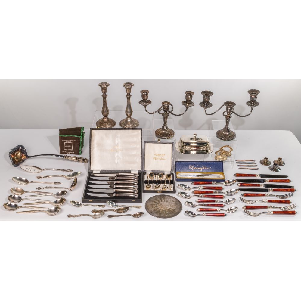 Appraisal: STERLING SILVER AND SILVERPLATE OBJECT ASSORTMENTIncluding a pair of candlesticks