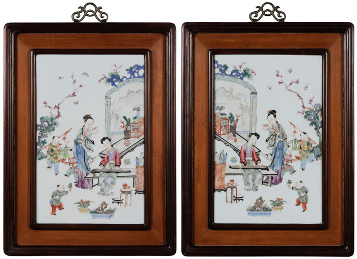 Appraisal: Pair Porcelain Plaques Chinese th century mirror image ladies in