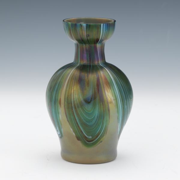 Appraisal: PALLME-KONIG ART GLASS VASE x Iridescent greenish blue pulled feather