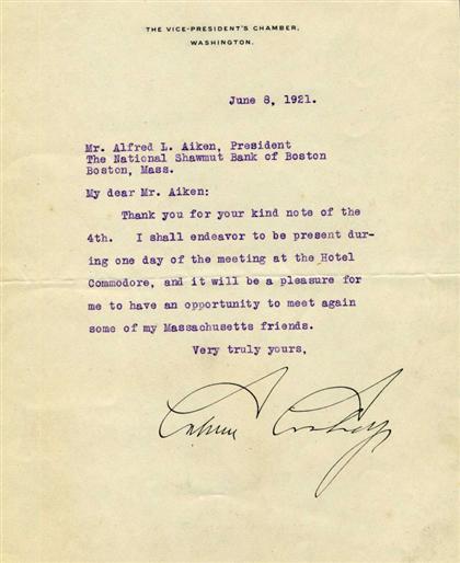 Appraisal: piece Typed Letter Signed Coolidge Calvin Washington D C June