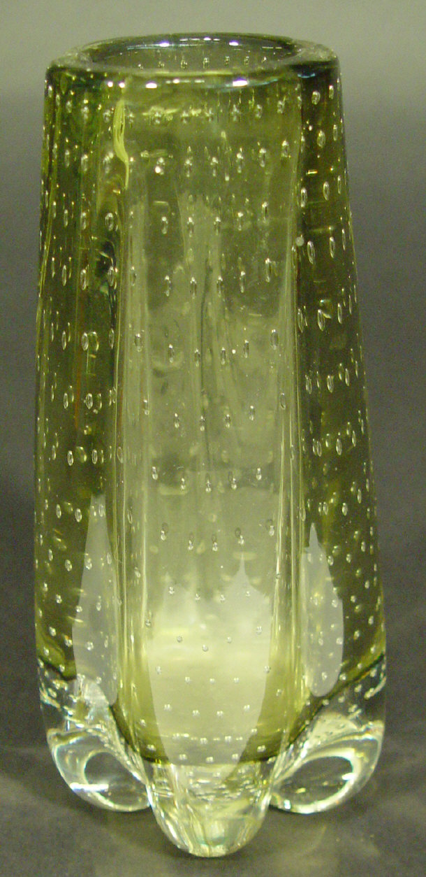 Appraisal: Whitefriars sage green fluted glass vase with controlled air bubbles