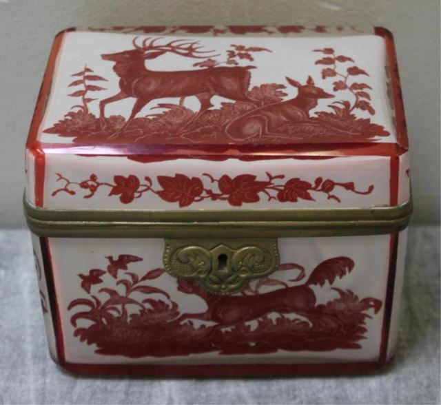 Appraisal: Reverse Painted Glass Box With Hunting Motif From a Stamford