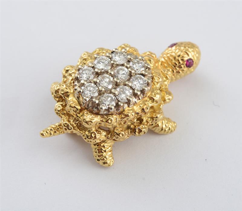 Appraisal: K YELLOW AND WHITE GOLD AND DIAMOND TURTLE PIN Textured