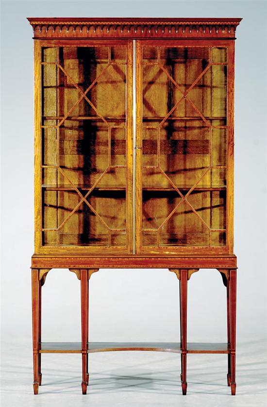 Appraisal: English inlaid mahogany display cabinet late th century molded cornice