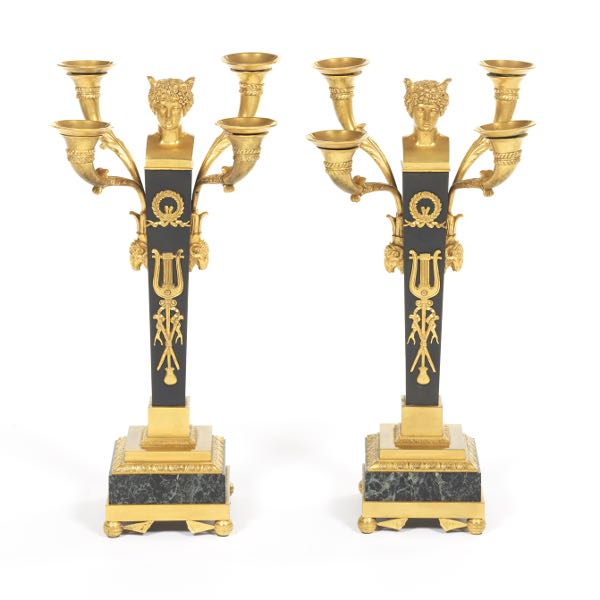 Appraisal: FRENCH EMPIRE PAIR OF GILT AND BLACKENED BRONZE AND MARBLE