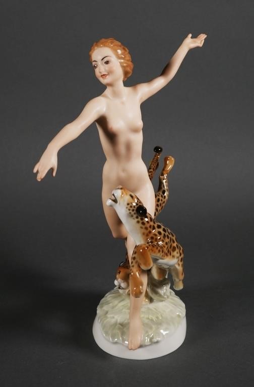 Appraisal: Hutschenreuther nude woman running with two leopards figurine Marked and