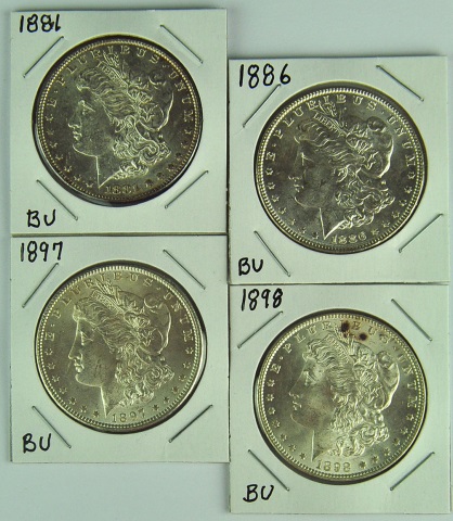 Appraisal: Four BU Morgan DollarsDates are and Grade range is MS