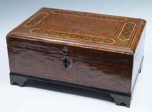 Appraisal: AN INDO PERSIAN INLAID LACQUER CASKET with geometric decoration with