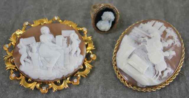 Appraisal: Cameo Lot Including Brooches and a Ring Includes a yellow