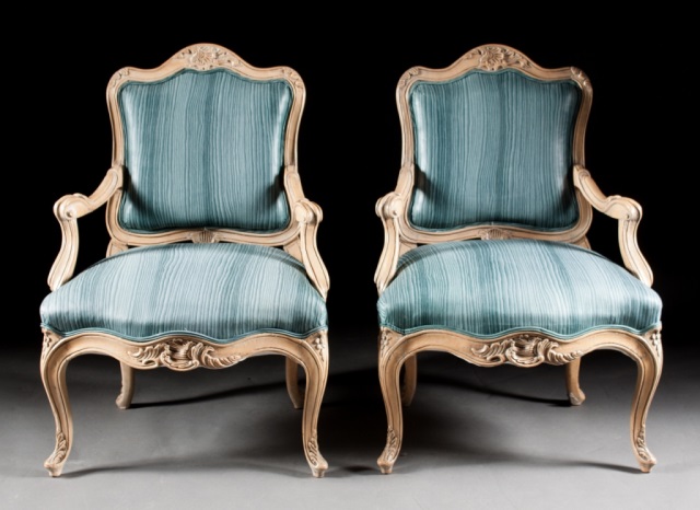 Appraisal: Pair of Louis XV style pickled wood fauteuils th century