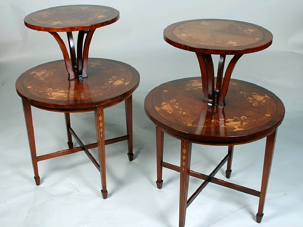 Appraisal: PAIR OF MARQUETRY INLAID MAHOGANY TWO TIER DISPLAY TABLES each