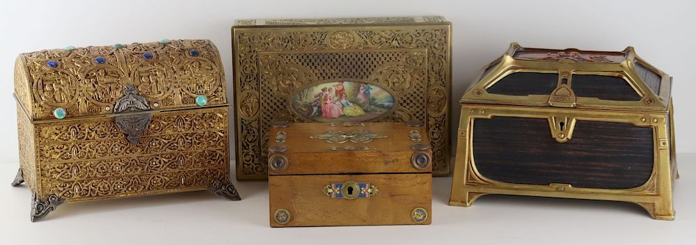 Appraisal: Grouping of Decorative Boxes Includes a French jewelled casket box