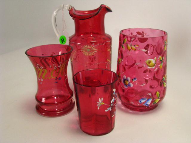 Appraisal: Group of Victorian Cranberry Enameled Glass including '' pitcher with