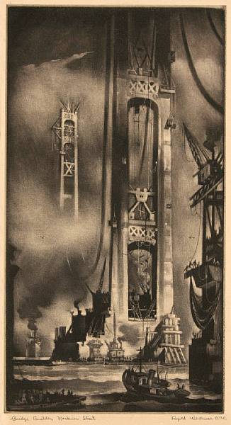 Appraisal: Reynold Henry Weidenaar American - Bridge Builders Mackinac Straits Mezzotint