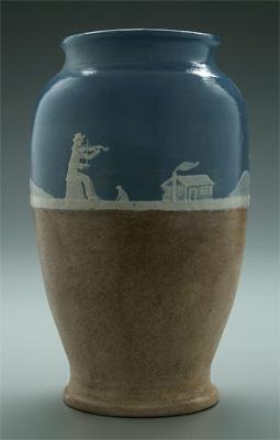 Appraisal: Stephen Pottery vase Westward Ho scene with oxen and wagon