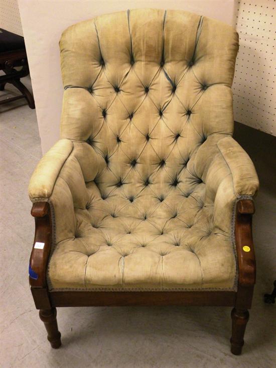 Appraisal: Victorian upholstered armchair button tufted green corduroy upholstery stained and