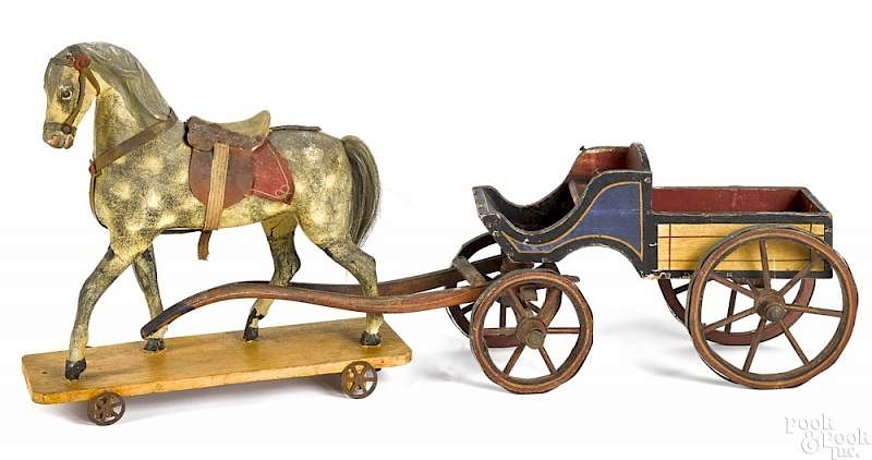 Appraisal: Painted wood horse and wagon pull toy Painted wood horse