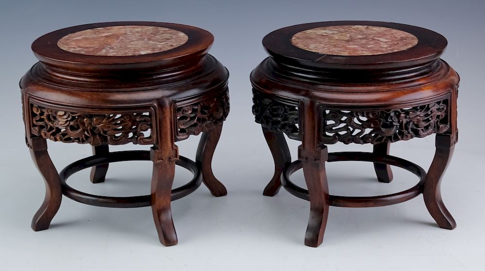 Appraisal: Chinese Pair of Carved Wood Dragon Marble Stands Pair of