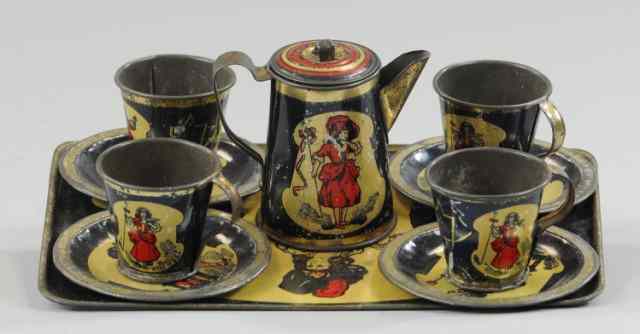 Appraisal: LITHOGRAPHED TEA SET WITH TRAY Includes four cups and saucers