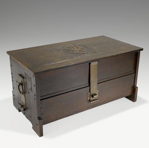 Appraisal: CHARLES ROHLFSRare carved blanket chest with wrought copper monogram and