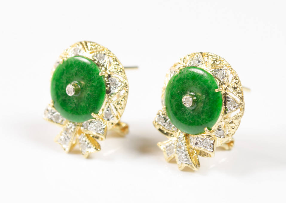 Appraisal: PAIR OF GREEN JADE AND DIAMOND EARRINGS each k yellow