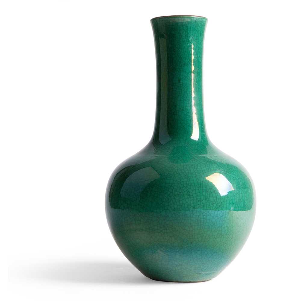 Appraisal: CRACKLED GREEN-GLAZED BOTTLE VASE TH- TH CENTURY sturdily potted the