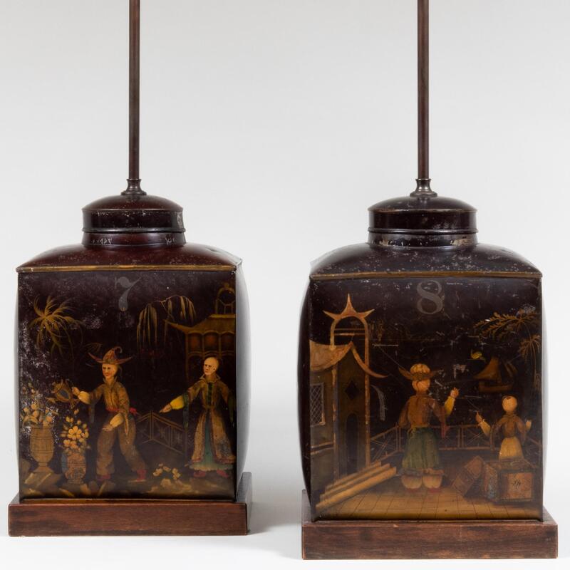 Appraisal: Pair of Chinoiserie Painted Tin Tea Caddies Mounted as Lamps