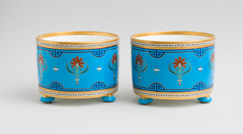 Appraisal: CHRISTOPHER DRESSER ATTRIBUTION MINTON PAIR OF CACHE POTS Porcelain impressed