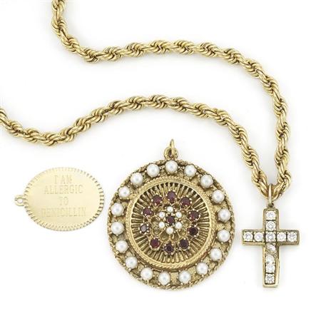 Appraisal: Gold and Diamond Cross Pendant with Gold Chain and Two