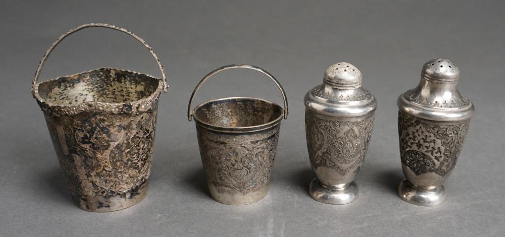 Appraisal: TWO PERSIAN CHASED -SILVER SHAKERS AND TWO BALE HANDLE BASKETS