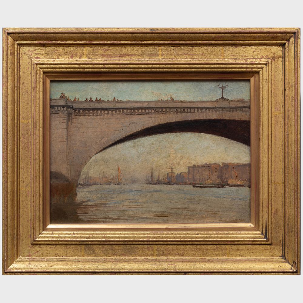 Appraisal: European School London Bridges Oil on paper unsigned titled on