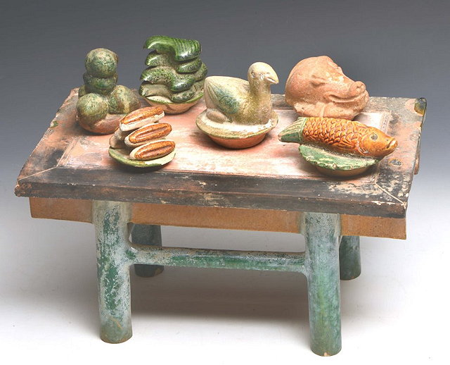 Appraisal: A CHINESE EARTHENWARE BURIAL MINGQI ENSEMBLE consisting of miniature rectangular