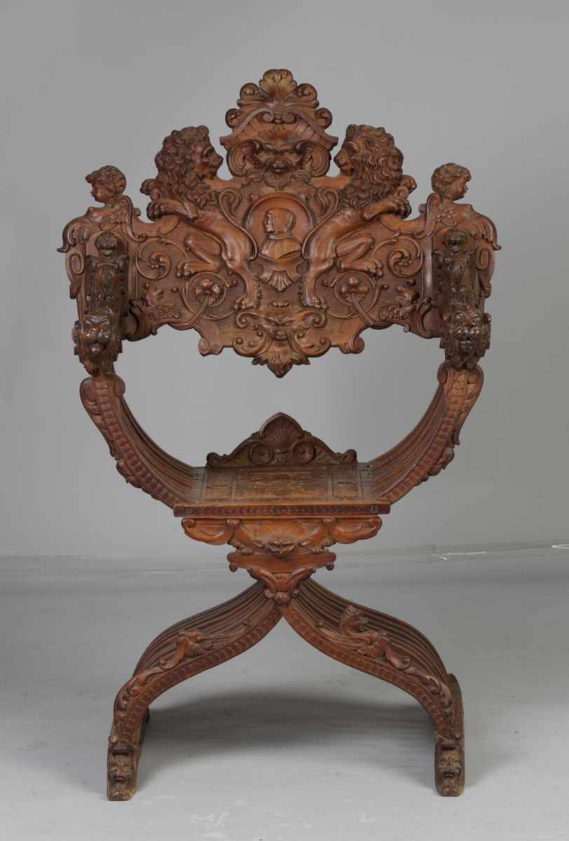 Appraisal: Savonarola English Chair th cent Carved walnut Condition Original patina