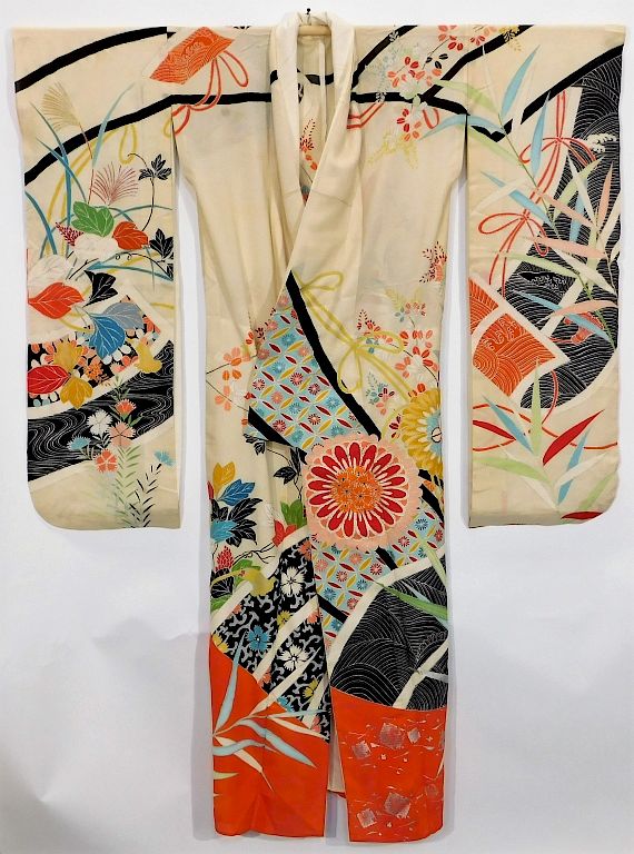 Appraisal: Meiji Period Blue Painted Flowers Furisode Kimono Japan Circa Hand