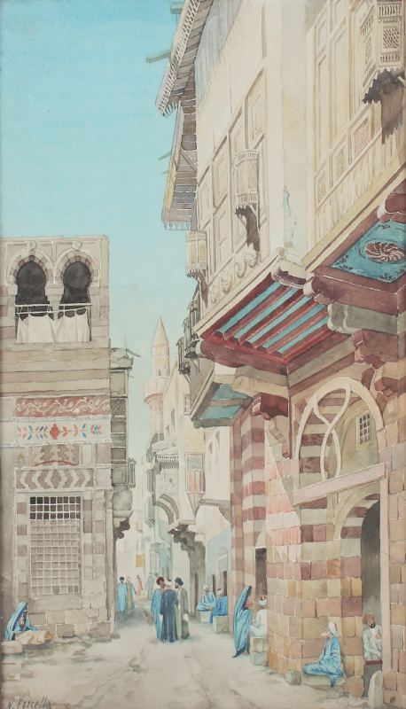 Appraisal: FORCELLA Nicola Italian - Mideast Street Scene with Figures Watercolor