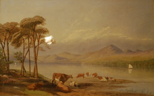 Appraisal: English school - Cattle beside lake watercolour x cm