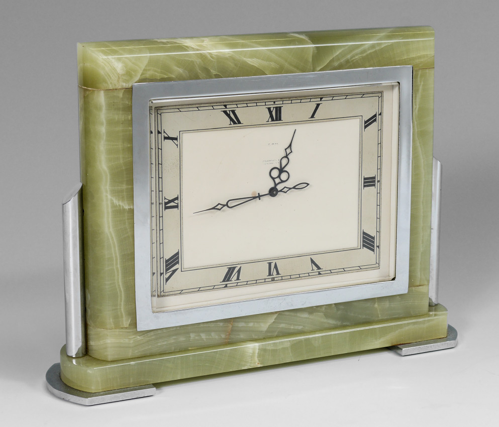 Appraisal: HARRODS GREEN ONYX ART DECO DESK CLOCK Green onyx and