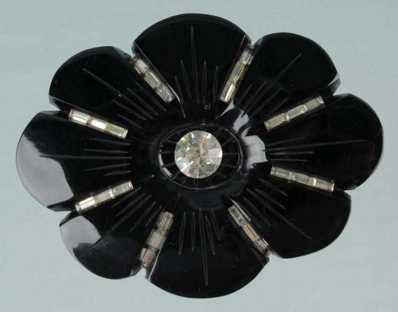 Appraisal: Bakelite Black Floral Pin with Inset Rhinestones Condition Excellent Size