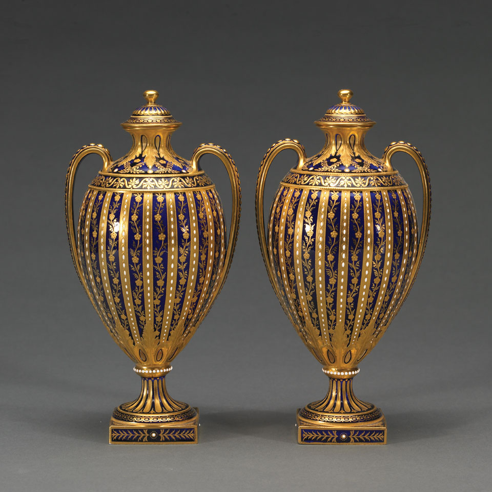 Appraisal: Pair of Crown Derby Two-Handled Vases and Covers printed marks