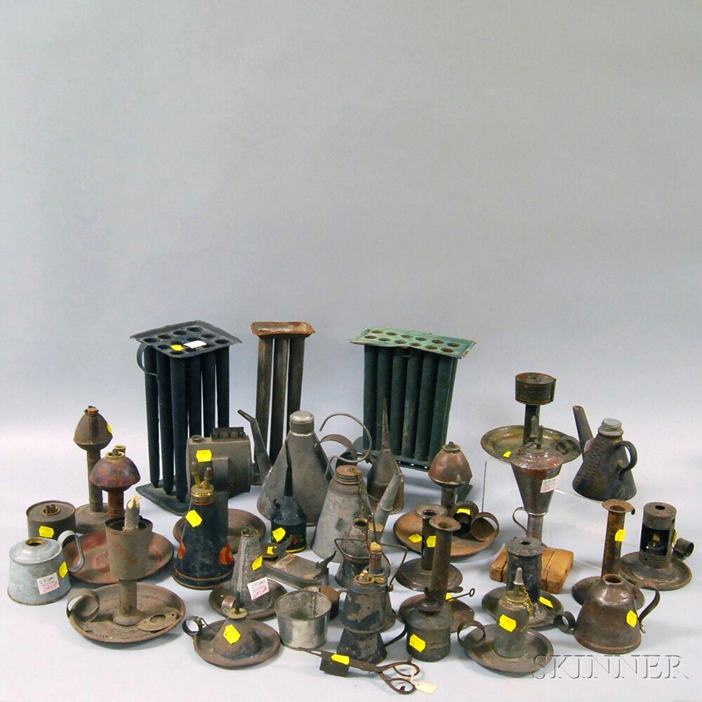 Appraisal: Approximately Forty-two Early Tin Lighting Related Items including candlesticks a