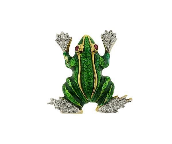 Appraisal: K Gold Diamond Ruby Enamel Frog Brooch Pin METAL K